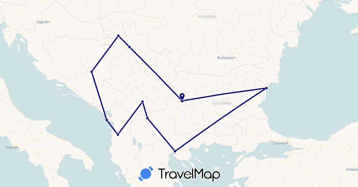 TravelMap itinerary: driving in Albania, Bosnia and Herzegovina, Bulgaria, Greece, Montenegro, Macedonia, Serbia, Kosovo (Europe)